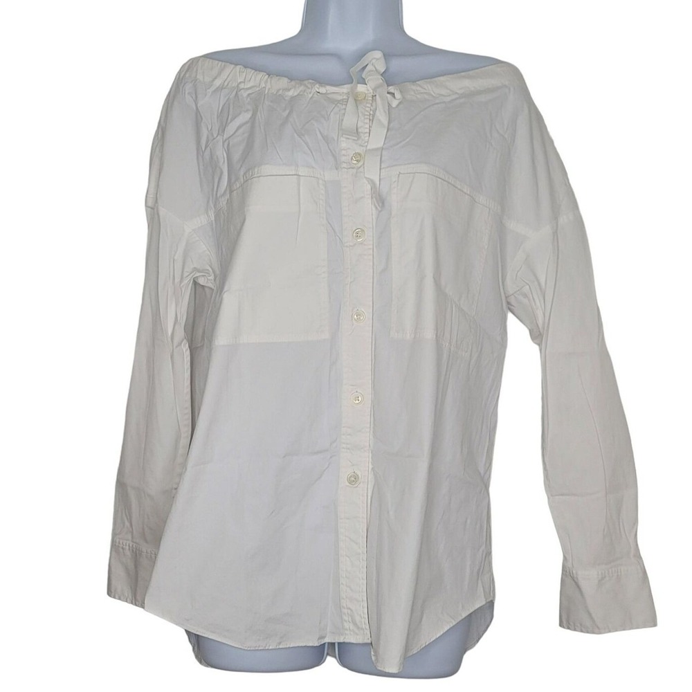 Theory Button Up Shirt 0P Cream Off‎ Shoulder Long Sleeve Pockets Cotton Neutral